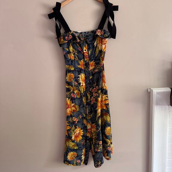 Sandro Paris Matti Floral-Print Silk Midi Dress Bow Shoulder Size EU 36, US 4 - Picture 10 of 11